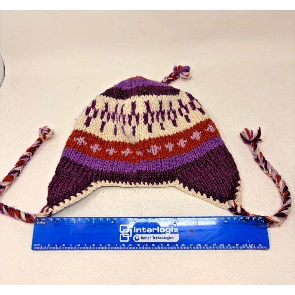 Nepal 100% Wool Boho Earflap Hat Purple Winter Beanie Fleece Lined OSFA